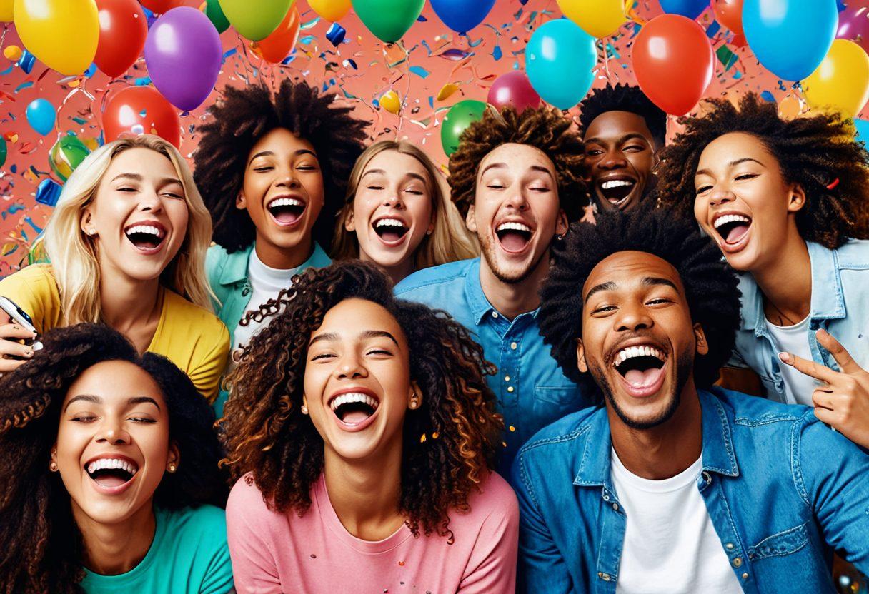 A collage of diverse people laughing and sharing moments of joy while watching funny video clips on various devices, surrounded by colorful confetti and balloons. The background should depict a lively celebration with vibrant colors and playful doodles reflecting happiness. Super-realistic style with an emphasis on facial expressions and a dynamic, energetic vibe.