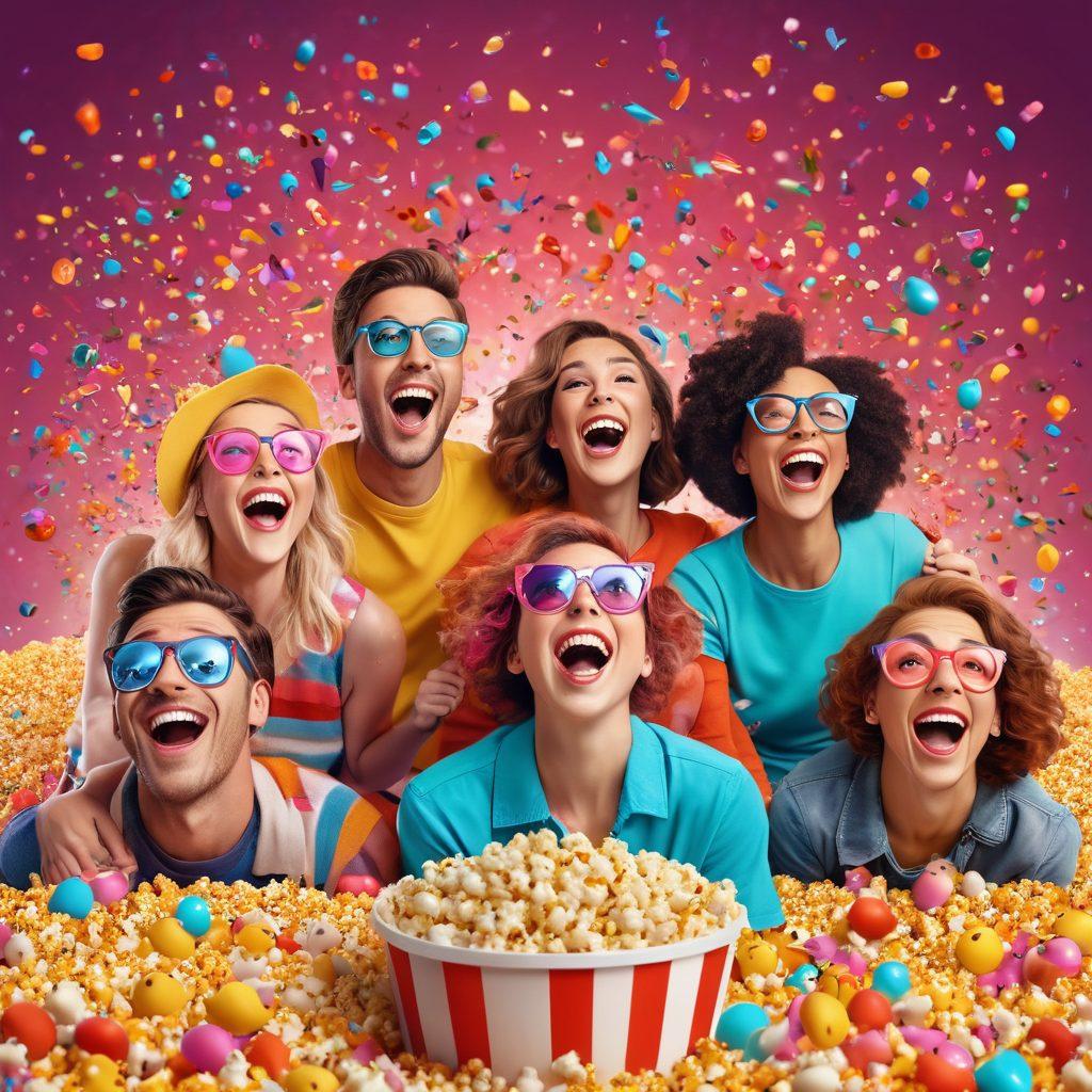 A collage of joyful people laughing while watching funny clips on various screens, surrounded by vibrant colors and playful cartoon characters. Include elements such as popcorn, emojis floating around, and bursts of confetti. The atmosphere should exude warmth and happiness, evoking a sense of joy and laughter. bright and colorful. 3D style.
