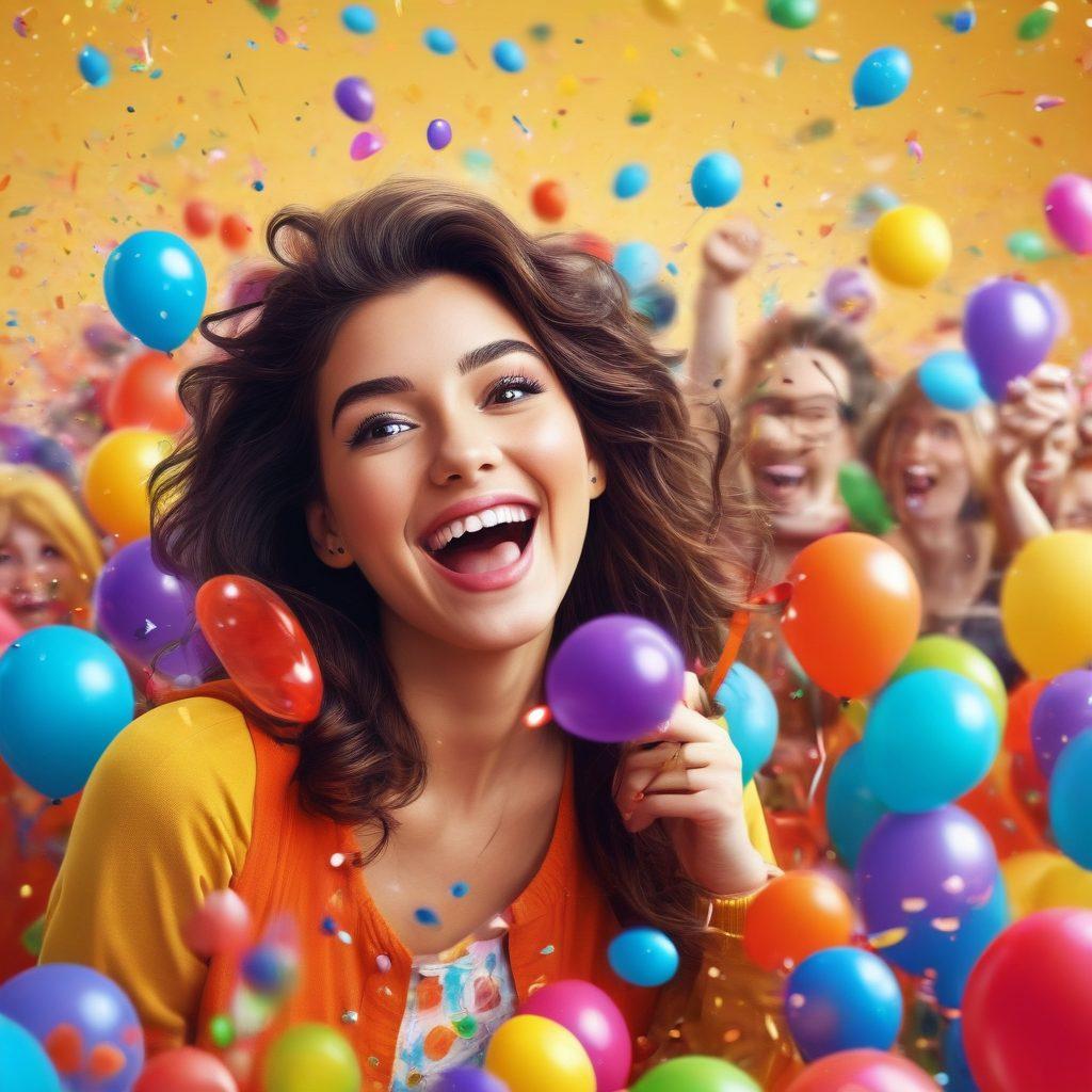 A joyful collage of animated characters showcasing highlights from various amusing video clips, featuring vibrant scenes with people laughing, colorful balloons, and confetti bursting in the background. The layout should convey a sense of excitement and happiness, encouraging viewers to dive into fun experiences. Cartoon style, vibrant colors, dynamic composition.